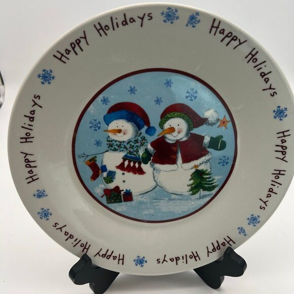 Winter Dinner Plate White Round Happy Holidays Snowflakes Snowman Couple Dish - Picture 1 of 12